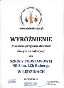 Wyróżnienie Towarzystwa Pomocy Dzieciom i Młodzieży z Cukrzycą - Placówka przyjazna dzieciom chorym na cukrzycę
