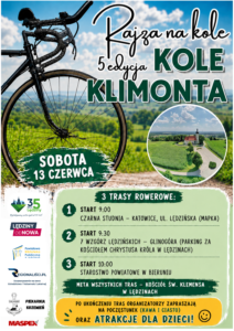 Grafika przedstawia rower i trasę wokół Klimonta. Impreza odbędzie się 13.06.2026 na  trzech trasach: 
1-start godz.9:00 Czarna Studnia - Katowice ul.Lędzińska
2- start 9.30 7 Wzgórz Lędzińskich -Glinogóra (parking za kościołem Chrystusa Króla w Lędzinach)
3 - start 10:00 Starostwo Powiatowe w Bieruniu.
Meta wszystkich tras- Kościół Św.Klemensa w Lędzinach.
Po zakończeniu wyścigu organizator zaprasza na poczęstunek (kawa i ciasto) oraz atrakcje dla dzieci