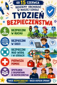 Kolorowy plakat reklamujący Tydzień Bezpieczeństwa obchodzony w naszej szkole.Zawierający działania podjęte dla Społeczności Szkolnej.